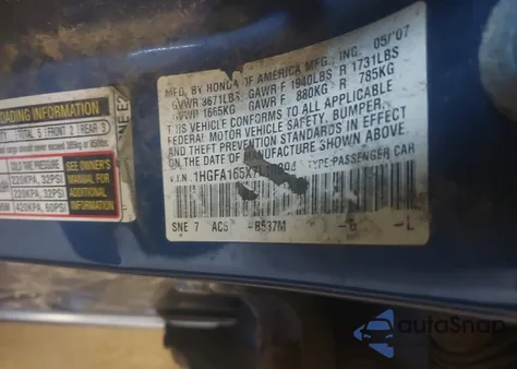 2007 Honda Civic Lx from USA, damaged, VIN 1HGFA165X7L108944